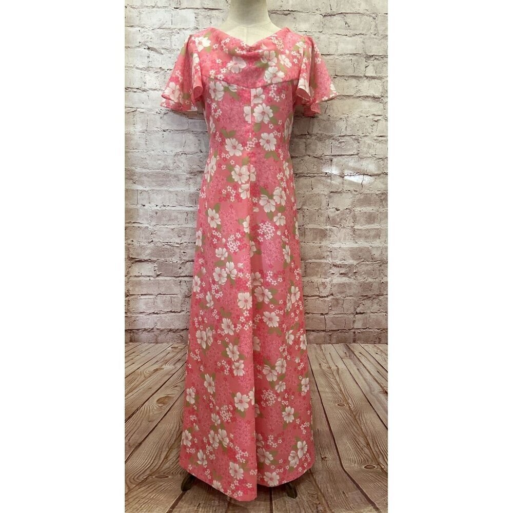 Vintage 60s Women *S Floral Maxi Dress Gown Pink Chiffon Flutter Sleeve Handmade